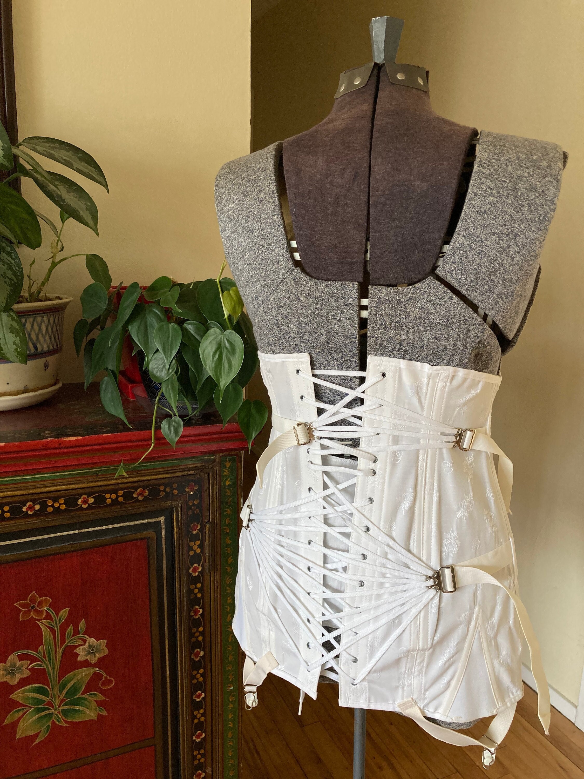 Vintage White CAMP Corset With Back Lacing and Garters White Rose