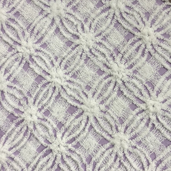 LAVENDER / Purple with WHITE Diagonal Lines and Double Wedding Rings Vintage Chenille Bedspread Fabric - Uneven cut