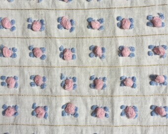 RARE Bates PINK Rosebuds with BLUE Leaves and Golden Lurex Vintage Chenille Bedspread Fabric - 23" x 44" - More Available