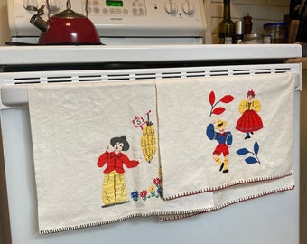 Set of 2 Vintage Tea Towels - Cute Hand-stitched Vintage Dish Towel Set