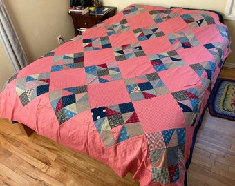Vintage Nine Block Quilt Top - 84" x 90", Hand Stitched
