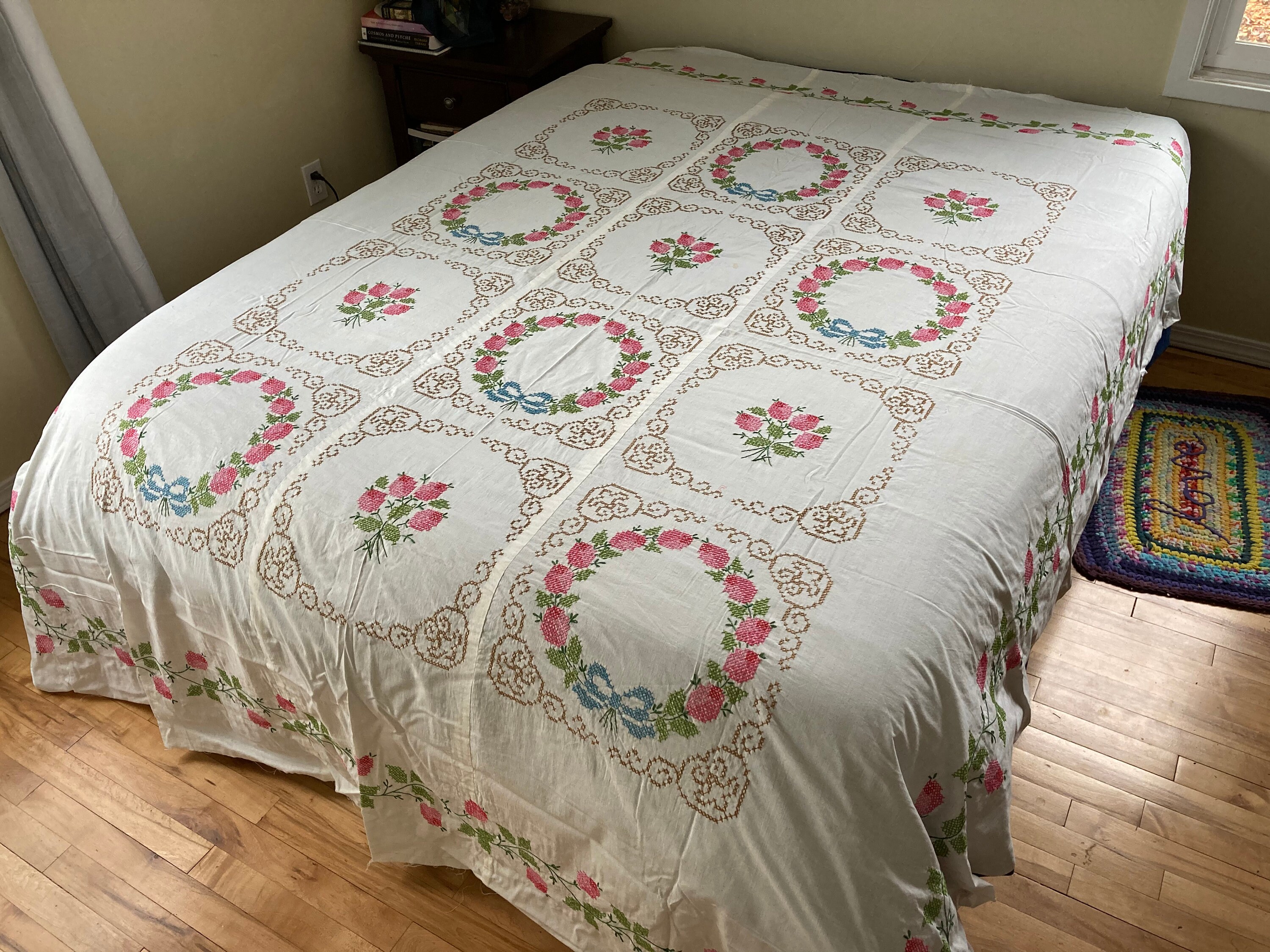 Beautiful Hand Cross Stitch Quilt Kit Vintage Quilt Top - Flower ...