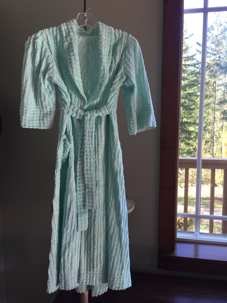 Aqua Line and Windowpane Designs Vintage Chenille BATHROBE Vintage AQUA Hollywood Glam Chenille ROBE Free Shipping Small