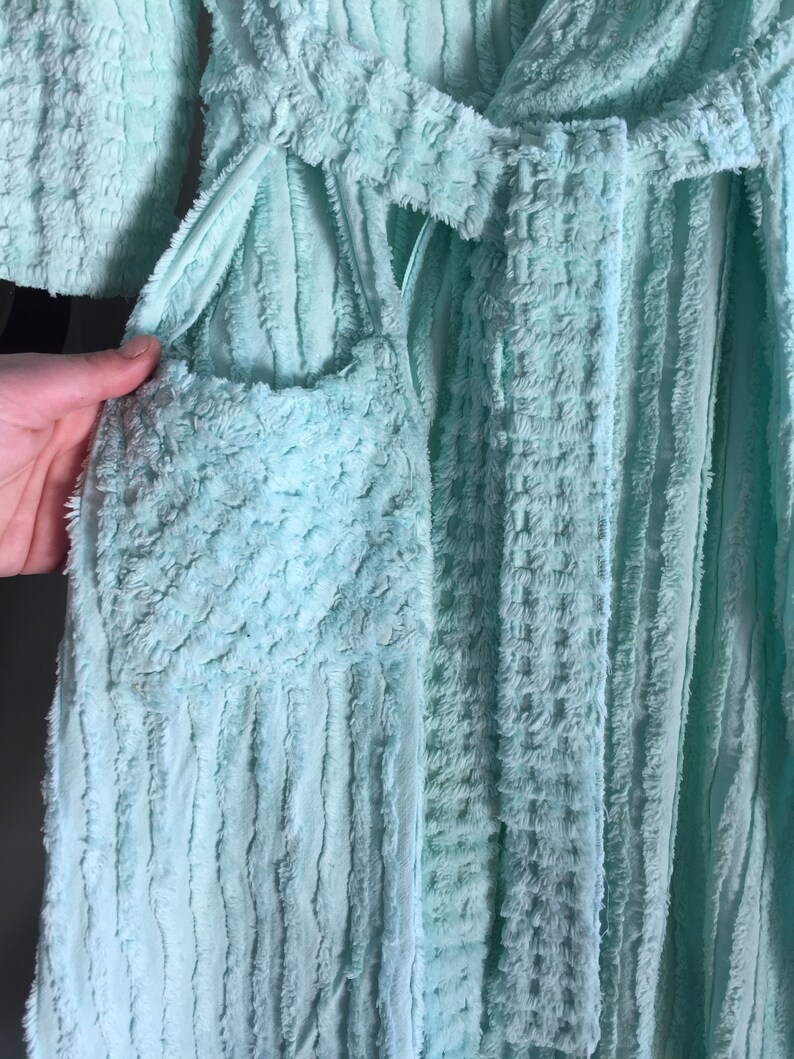 Aqua Line and Windowpane Designs Vintage Chenille BATHROBE Vintage AQUA Hollywood Glam Chenille ROBE Free Shipping Small
