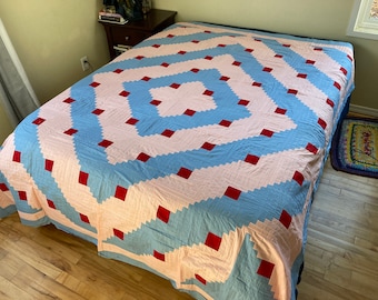 Pink, Blue and Red Barn Raising Log Cabin Pattern Vintage Quilt Top - 95" x 78"