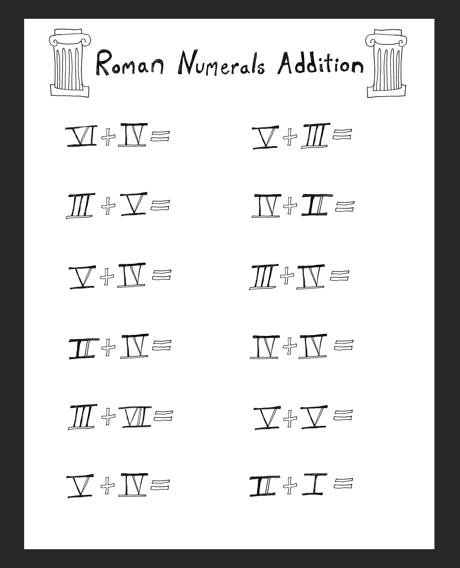 ROMAN NUMERALS MORE Addition Up To Ten Worksheet, Instant Download Printable 8.5x11, Homeschool Math, Primary Elementary Maths