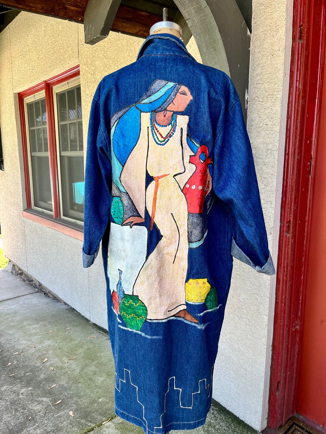 Vintage Aztec Art Print Casual Cotton Patchwork Denim Coat main image 0