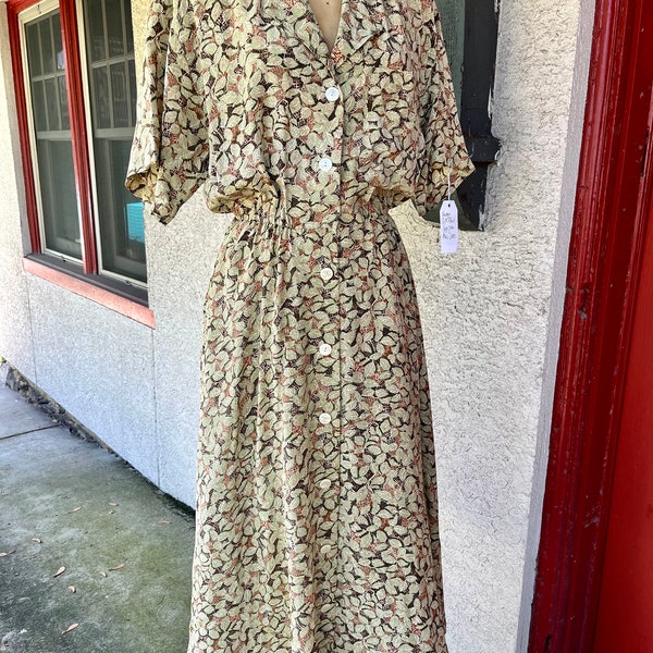 Vintage 1990s Silk Dress with Leaf Print | Ankle Length | Dress with Pocket | Summer/ Spring Vintage Dress | Size 12 | Brown and Sage Green