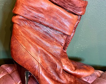 Vintage Cognac Italian Leather Slouchy Booties with Wood Stacked Heel