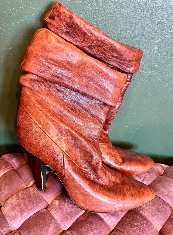 Vintage Cognac Italian Leather Slouchy Booties wit