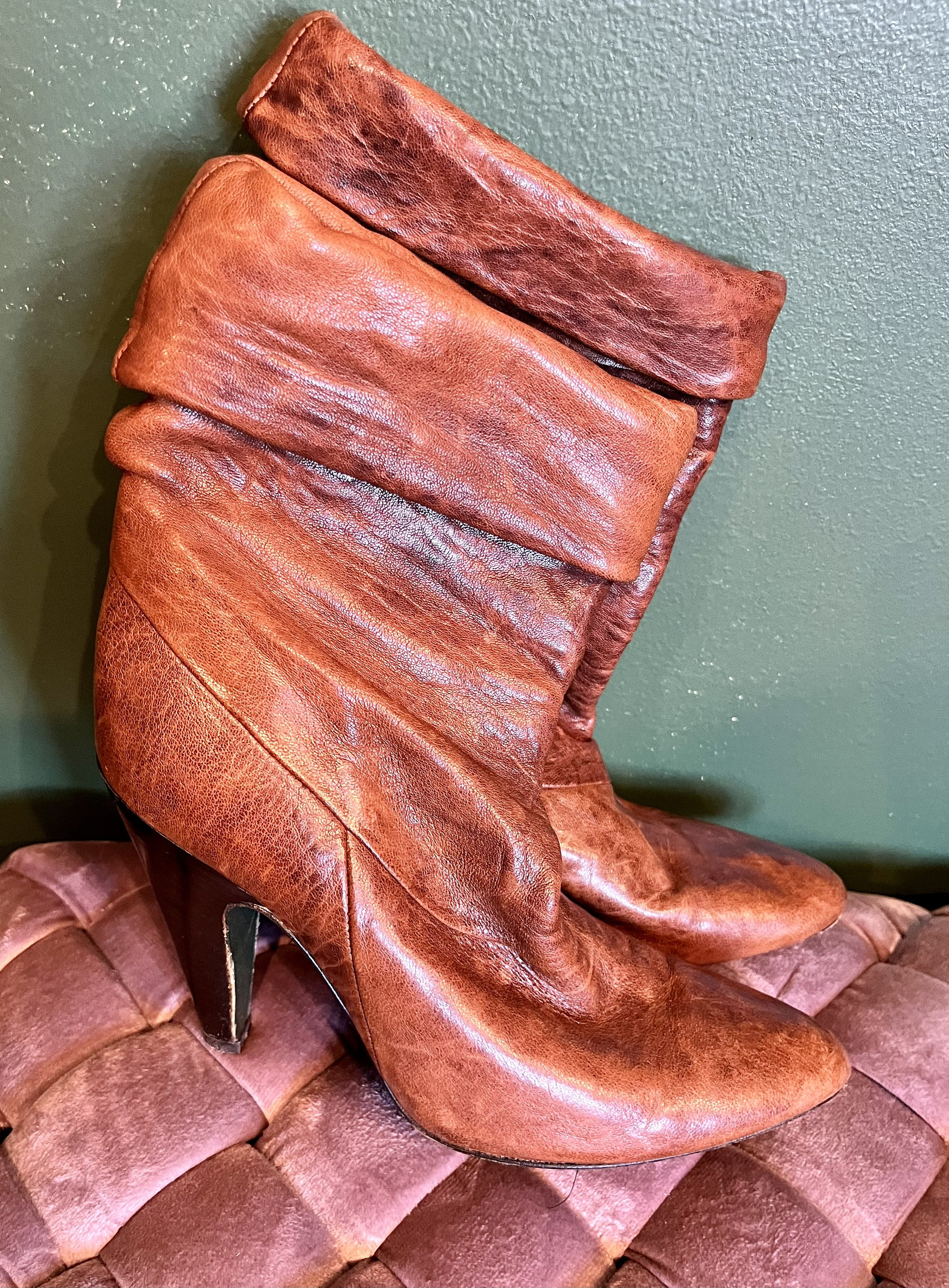Vintage Cognac Italian Leather Slouchy Booties With Wood Stacked Heel Etsy