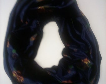 Navy floral Panne velvet soft Infinity Scarf Cowl turtleneck