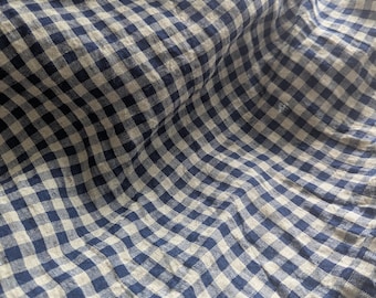 Navy Blue Gingham Linen Fabric, Plaid Linen Material  for Dress, Suit, Pajamas, Tablecloth, Decor, Gift