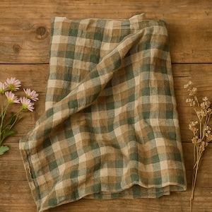 Plaid Linen Fabric, 100% Linen Fabric, Green Gingham Linen Fabric for Clothing, Linen Check Fabric, Gingham Fabric Linen