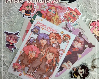 May include: A set of colorful stickers featuring characters from the popular video game Doki Doki Literature Club! The stickers are printed on high-quality vinyl and are perfect for decorating laptops, water bottles, and other surfaces. The stickers feature the characters Monika, Sayori, Natsuki, and Yuri. The stickers are also available in a variety of other designs, including a goth girl, a pink bunny, and a black cat.