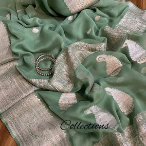 Vahiba green chiffon gorgette sari,,,,Indian saree