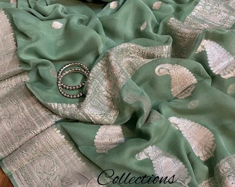 Vahiba green chiffon gorgette sari,,,,Indian saree