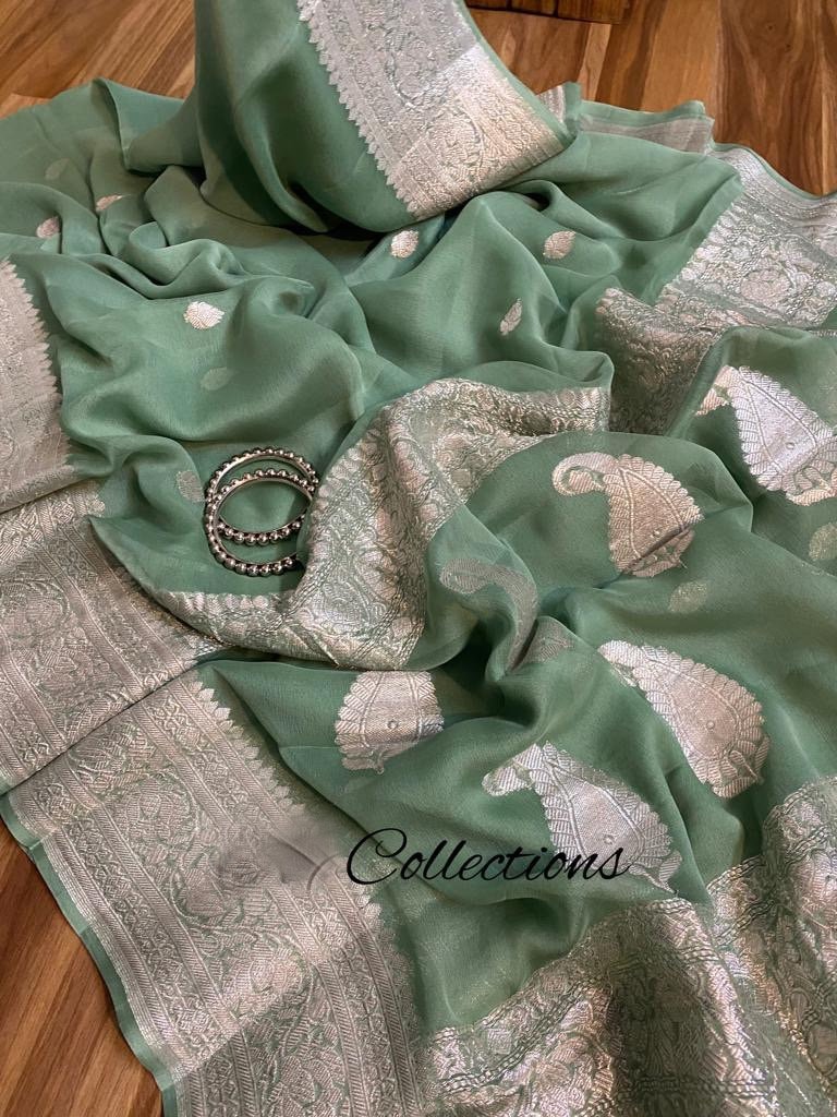 Vahiba green chiffon gorgette sari,,,,Indian saree