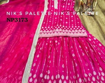 Vestido Sharara de seda jacquard Banarasi rosa: borde Zari, organza Dupatta