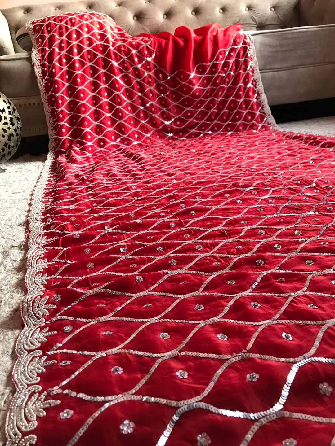 Ruby red silk organza sari