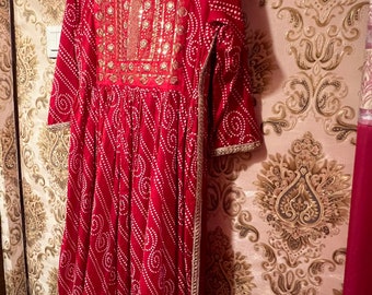 Red Cotton Kurti Set, Indian Dress