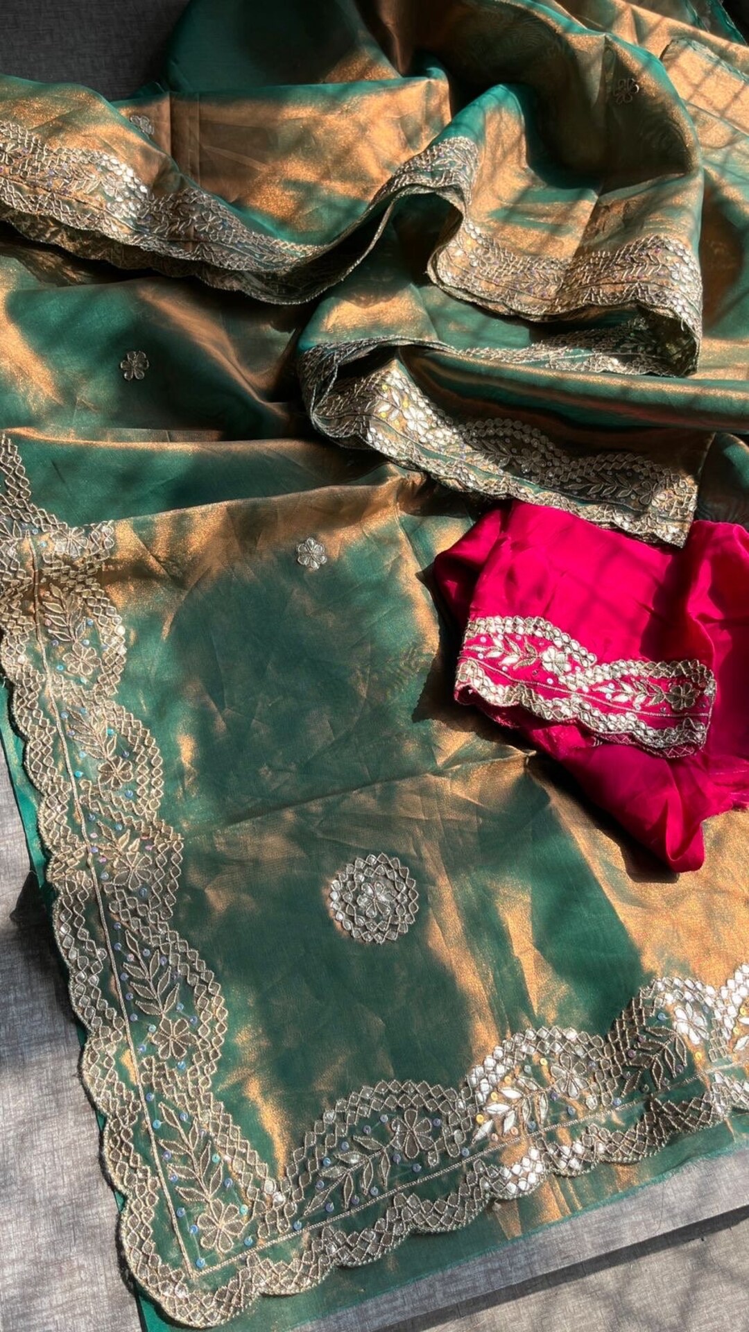Women's Tissue Coffee Brown Zari Embroidered Designer Saree With Blouse Piece