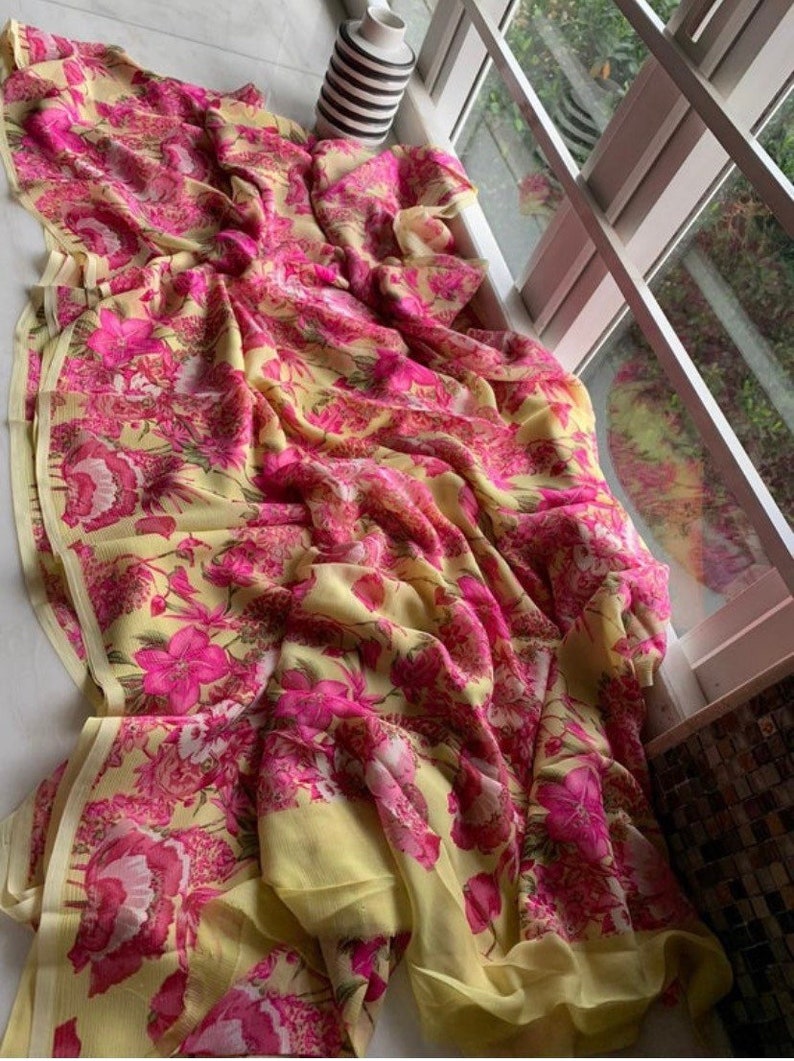 Yellow chiffon saree,,,,bridesmaid sari,,,,ceremony saree