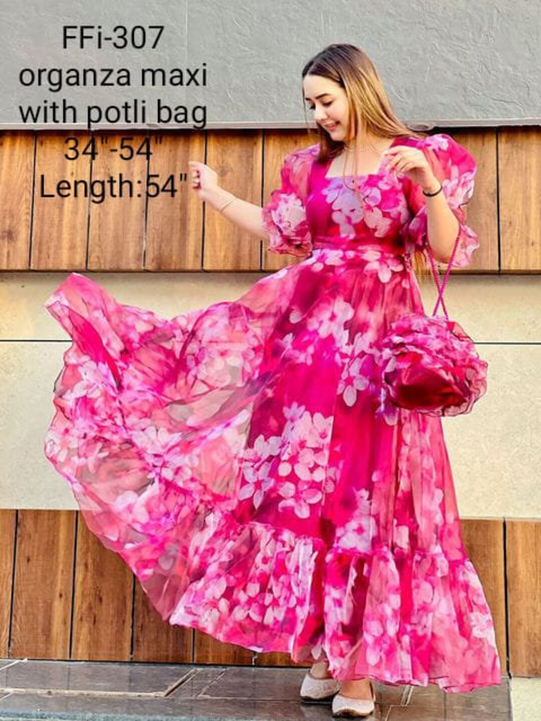 Angelica Stand-Up Collar Long Dress - Glitter Zig-zag Embroidery - Pink