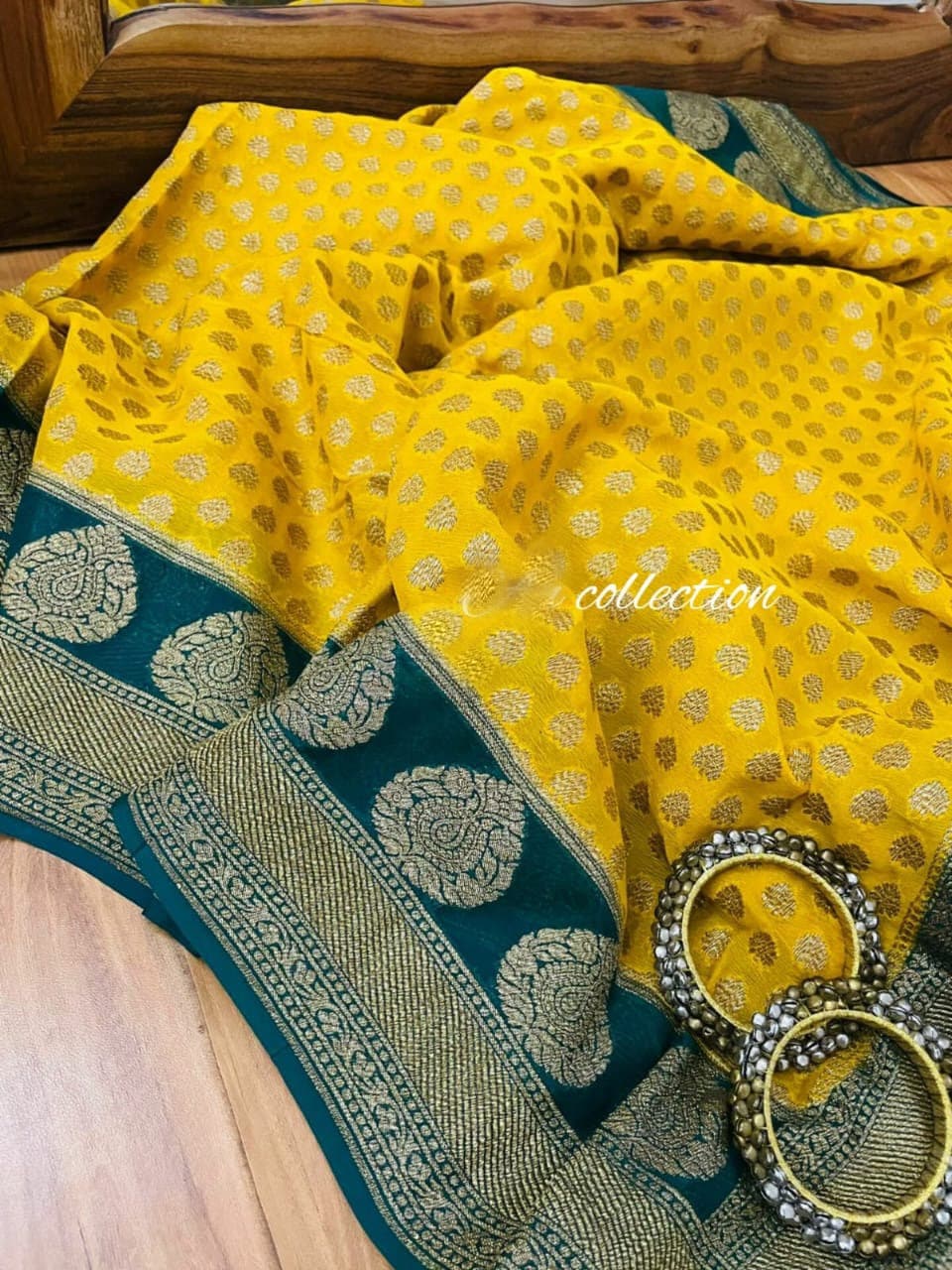 Yellow Khaddi Gorgette saree Indian sari