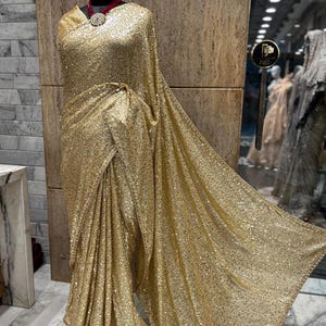 Golden sequence saree beautiful sari women sarees blouse partywear sari sangeet saree festive wear