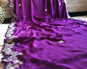 Purple Crepe Silk Saree: Pearl, Sequins, Cut Daana Handwork