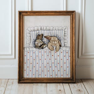 Sleepy Bunnies Art Print Poster, Kaninchen-Illustration, Baby-Kaninchen, Baby-Dekor, Aquarell Kaninchen-Wanddekoration, drolliges Poster