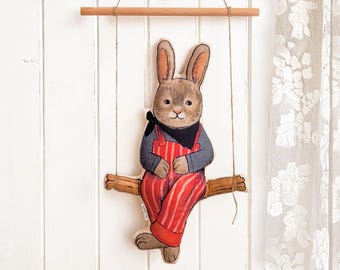 Bunny on a Swing Wall Hanging, kids room wall decoration, nursery hanging