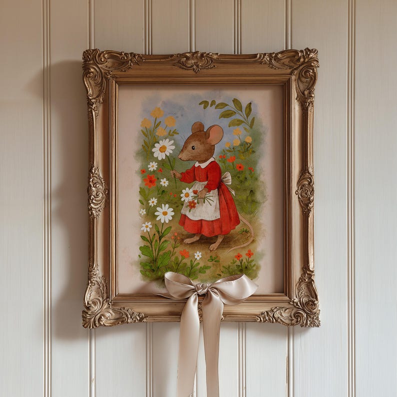 May include: A framed artwork featuring a charming illustration of a mouse in a red dress and white apron, holding daisies in a colorful garden setting. The ornate gold frame is adorned with a beige bow.