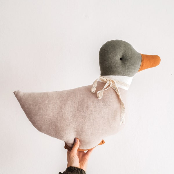 Coussin en forme de canard, canard vert, oreiller de canard, canard doux décoratif, décoration de lit, mascotte de canard, canard en lin, canard en tissu