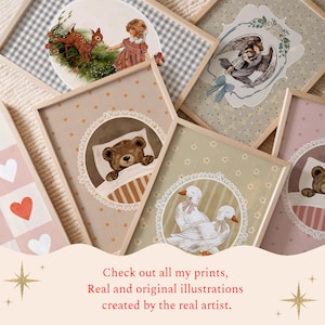 May include: A collection of framed art prints featuring vintage-style illustrations. The prints include images of a deer and girl, a sleeping teddy bear, angels, and geese. The text reads: "Check out all my prints, Real and original illustrations created by the real artist."