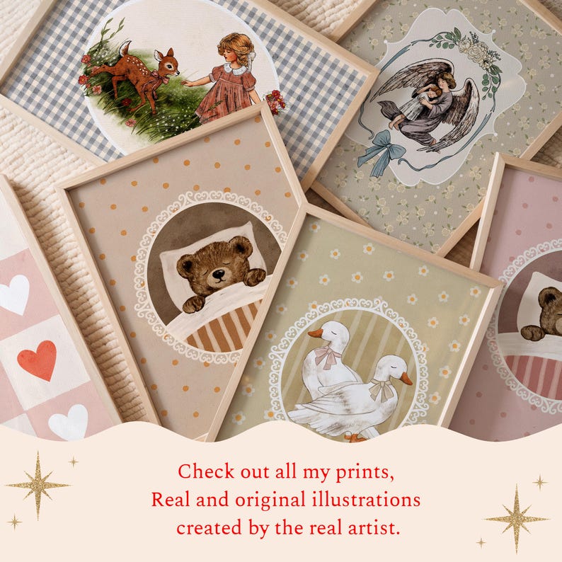 May include: A collection of framed art prints featuring vintage-style illustrations. The prints include images of a deer and girl, a sleeping teddy bear, angels, and geese. The text reads: "Check out all my prints, Real and original illustrations created by the real artist."