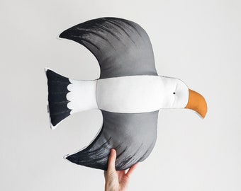 Linen Seagull Pillow: Coastal Nautical Cushion, Velvet Back