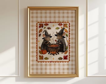 Halloween-muizenkunstprint: Witchy-poster, gezellig herfstdecor