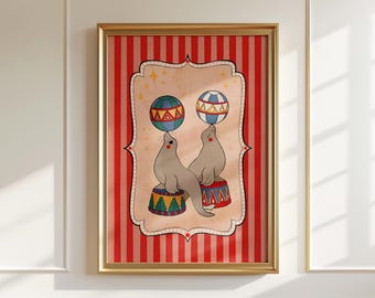 Circus Seal Art Print: Whimsical Nursery Wall Decor