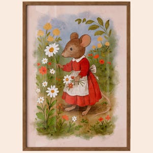 May include: A framed art print featuring a charming illustration of a mouse in a red dress and white apron, picking flowers in a garden. The artwork has a vintage aesthetic, with daisies, orange and yellow flowers, and green foliage. The frame is made of wood.