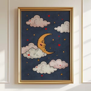 Póster de luna caprichosa, póster con impresión artística de luna, ilustración de luna, decoración de pared para guardería, arte de impresión de pared de acuarela, póster de cielo nocturno