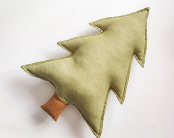 Light Green Tree cushion, linen tree pillow, conifer cushion