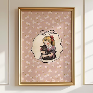 Girl with Cat Vintage poster , nursery wall decor, watercolor wall print art