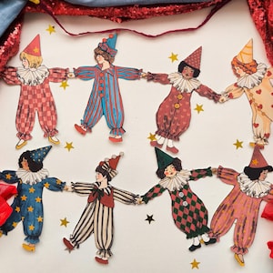 Ghirlanda di pagliacci di carnevale di carta, ghirlanda di carta da circo, decorazione per feste per bambini, decorazione di compleanno, ghirlanda di Pierrot, ghirlanda di Arlecchino