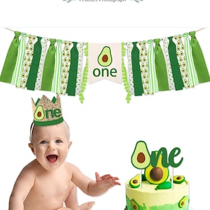 Avocado 1st Birthday Highchair Banner，Crown Hat, Baby Shower, Kids First Avocado themed Birthday Party Supplies