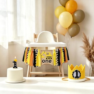 Heavy Equipment Excavator High Chair Banner, Truck 1st Birthday Burlap Decor, Construction Photo Prop, Hat & Topper Set