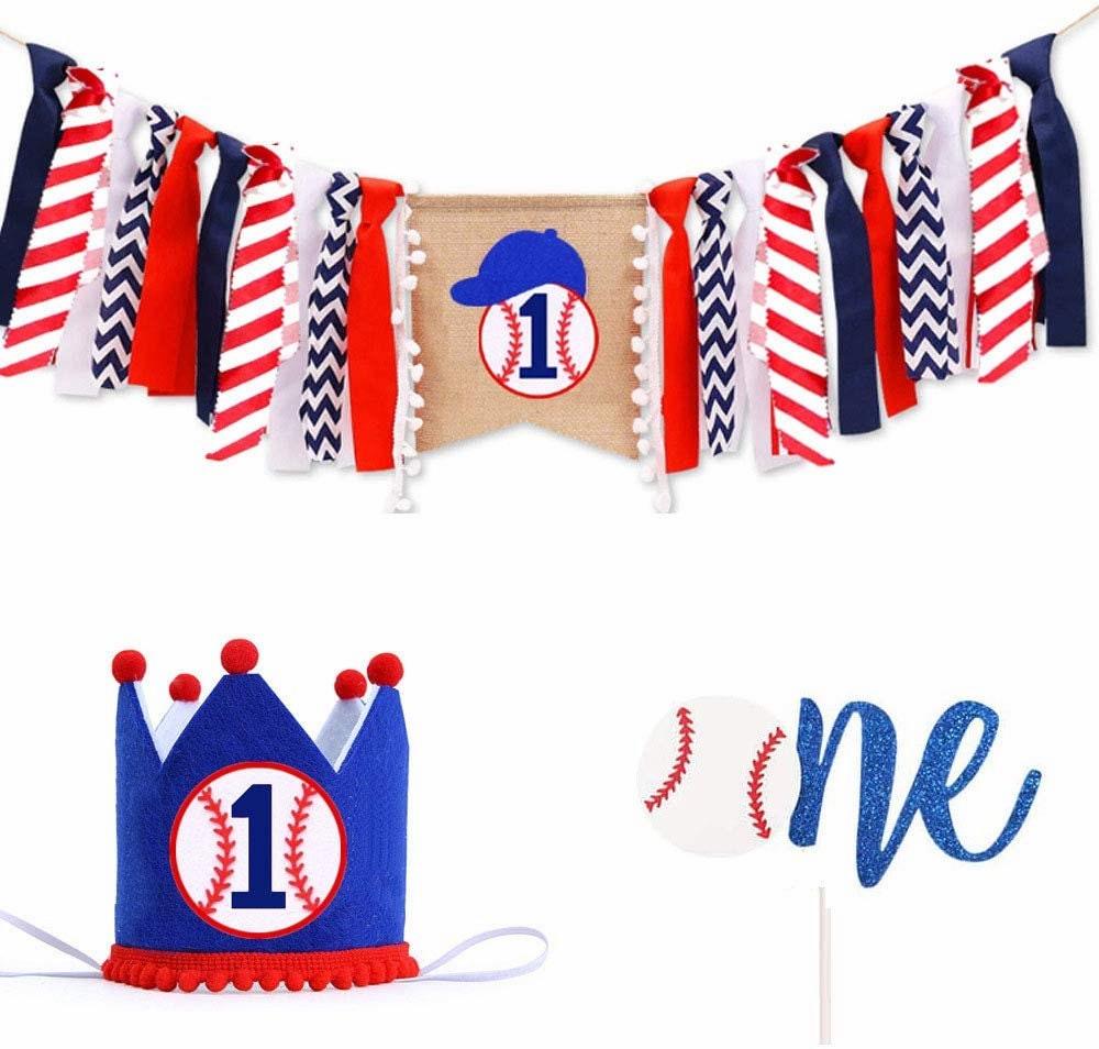 Baseball Themed 1st Birthday Party Decorations Set - Banner, Crown, Cake Topper & High Chair Banner For Baby Boy