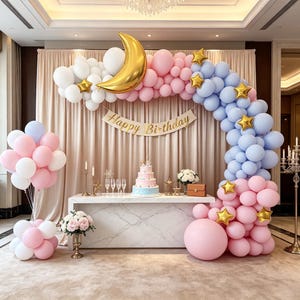 Over the Moon Balloon Garland Kit,Pastel Pink Blue Celestial Arch, Gold Crescent Foil Balloons,Baby Shower Gender Reveal, Girls 1st Birthday