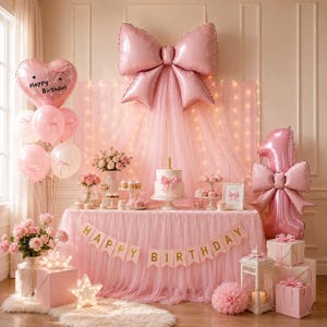 May include: A pink birthday party display featuring a large bow balloon, a heart-shaped balloon with Happy Birthday text, and a number one balloon. A table draped in pink tulle holds a cake, cupcakes, and flowers, with a Happy Birthday banner.